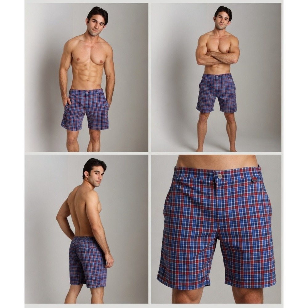 Hugo Boss Crocodile Shark Board Shorts Mens L Blue Red Plaid Mesh Built-In Brief